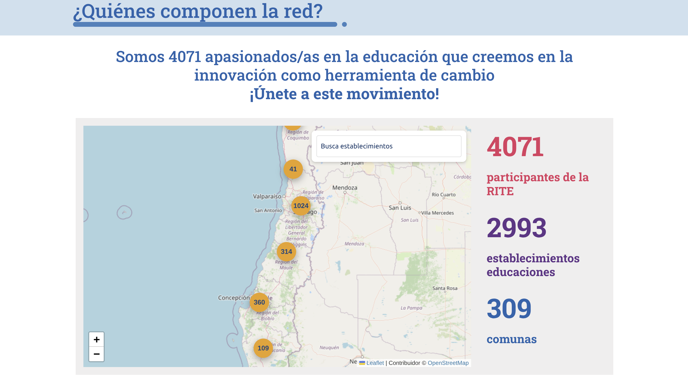 Mapa interactivo de los miembros de la Red de Innovación para la Transformación Educativa en la página ¿Quiénes componen la red?