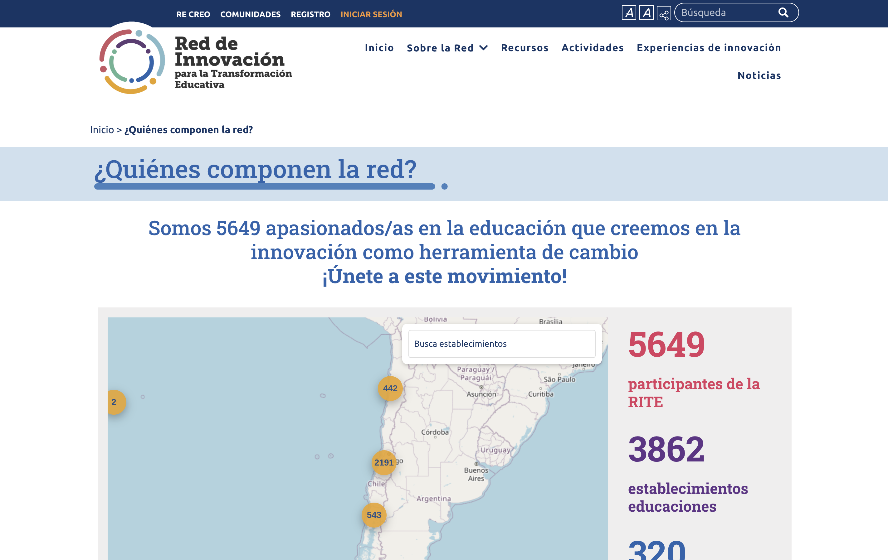 Mapa interactivo de los miembros de la Red de Innovación para la Transformación Educativa en la página ¿Quiénes componen la red?